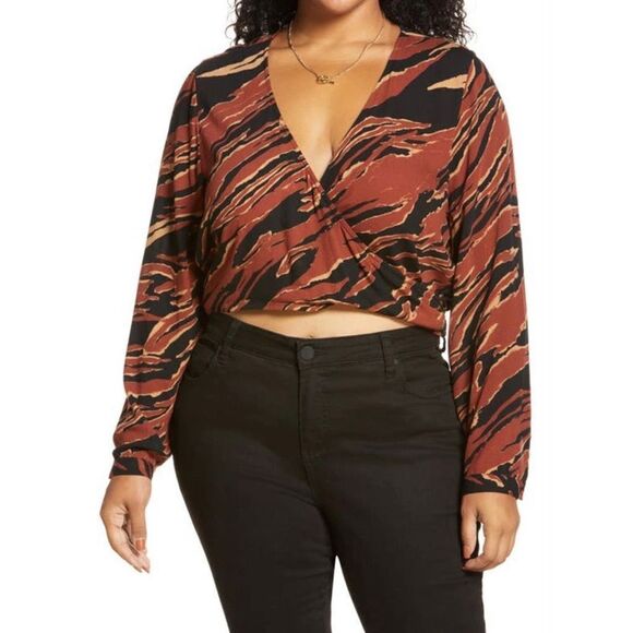 BP Womens Brown Burnout Tiger Stripe V Neck Surplice Wrap Crop Top Size 3X NWT - Picture 1 of 8